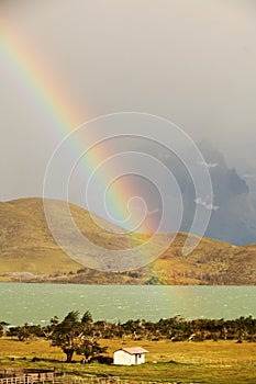 Rugged mountains and a rainbow at Mirador del Paine, Patagonia, Chile