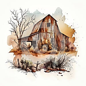 Rugged Romance: Western Barn Farm in Eye-Catching Watercolor AI Generated