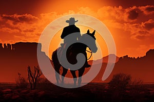 Rugged Silhouette cowboy horse. Generate AI