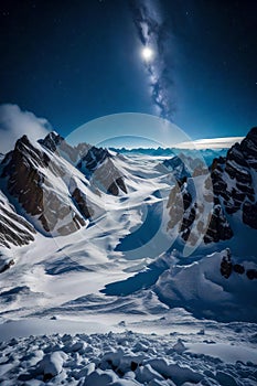 A rugged, snow-covered mountain range with sharp peaks and deep crevasses, under a clear, star-studded night sky