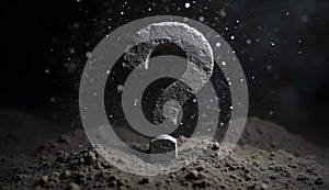 Rugged stone question mark emerging from shadows with dramatic lighting