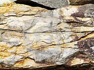 Rugged surface of rocks weathered by elements found in forest and hiking trails