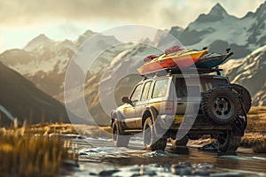 Rugged SUV with colorful kayaks in wilderness