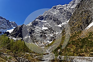 Rugged terrain in pristine valley of alpine landscape