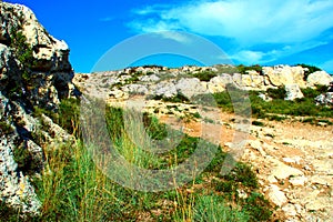 Rugged trail rising through the rocks of a canyon near the city of Matera