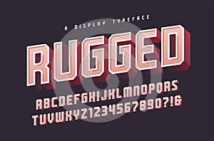 Rugged vector stylish 3d display typeface, font, uppercase letters and numbers, alphabet, typography.