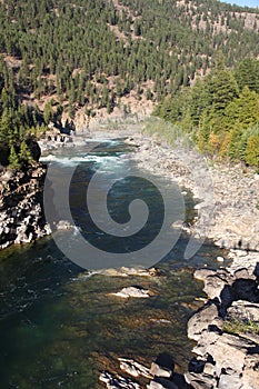 Rugged view of the Wild Kootenai River in mountains of Northwestern Montana