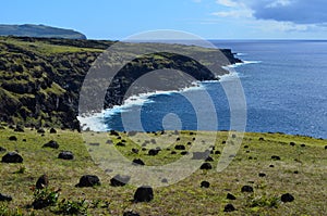Rugged volcanic cliffs and coastline in Rapa Nui island Easter Island