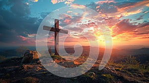 Rugged Wooden Cross at Sunset - Symbol of Christianity and Resurrection of Jesus Christ with Beautiful Cloudy Sky Background