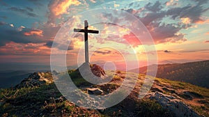 Rugged Wooden Cross at Sunset - Symbol of Christianity and Resurrection of Jesus Christ with Beautiful Cloudy Sky Background