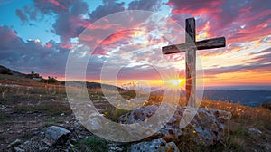 Rugged Wooden Cross at Sunset - Symbol of Christianity and Resurrection of Jesus Christ with Beautiful Cloudy Sky Background