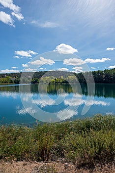 The ruidera lagoons on the route of Quixote with a blue sky