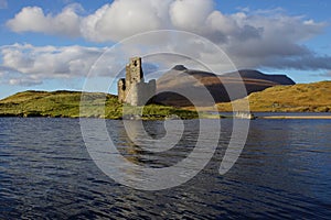 The Ruin of 16th Century Ardvreck Castle, Loch Assynt, Sutherland, Scotland, UK with Glas Bheinn (776m) behind.