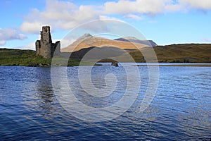 The Ruin of 16th Century Ardvreck Castle, Loch Assynt, Sutherland, Scotland, UK with Glas Bheinn (776m) behind.