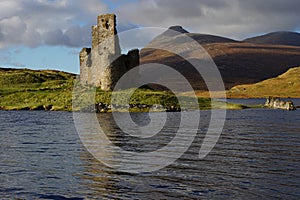 The Ruin of 16th Century Ardvreck Castle, Loch Assynt, Sutherland, Scotland, UK with Glas Bheinn (776m) behind.