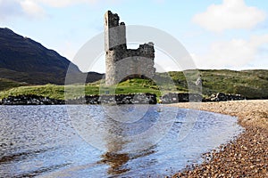 The Ruin of 16th Century Ardvreck Castle sat on a Rocky Promontory in Loch Assynt, Sutherland, Scotland, UK