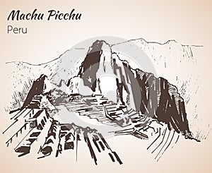 Ruin of ancient civilization Machu Picchu. Peru, sketch. photo