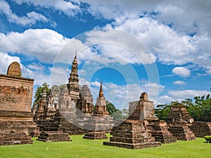 Ruin of ancient Pagoda or stupa in Wat mahathat Temple Area At sukhothai historical park