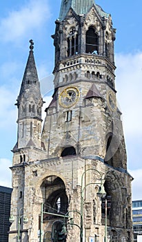 Ruin of the cathedral `Kaiser-Wilhelm-Gedaechtniskirche` in Berlin, Germany