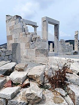 Ruin of Demeter Temple in Naxos with cloudy sky