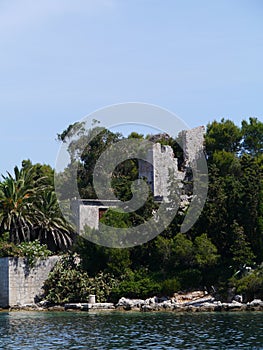 A ruin of a fortress under the subtropical trees