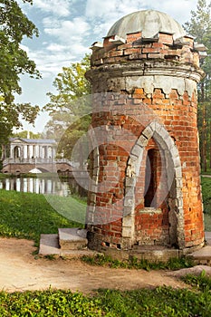 Ruin Tower in Ekaterininsky Park of Tsarskoye Selo in Pushkin, Saint Petersburg on sunny day photo