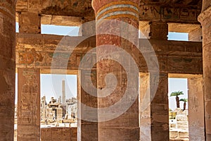 Ruin of Karnak Temple, ancient Egyptian murals and writings on the stone walls Luxor, Egypt