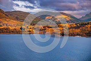 The ruin of Kilchurn Castle, Highland mountains and Loch Awe, Scotland.