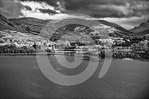 The ruin of Kilchurn Castle, Highland mountains and Loch Awe, Scotland.