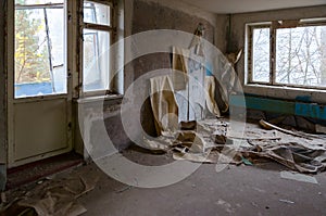 Ruin in room in apartment building in dead abandoned ghost town Pripyat, Chernobyl NPP exclusion zone, Ukraine