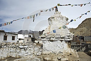 Ruin stupa and house Indian and tibetan people style at Leh Ladakh village at Himalayan valley in Jammu and Kashmir, India