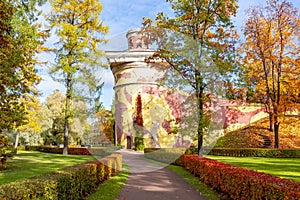 Ruin Tower in Catherine park in autumn, Tsarskoe Selo Pushkin, St. Petersburg, Russia