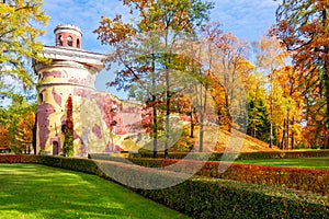 Ruin Tower in Catherine park in autumn, Tsarskoe Selo Pushkin, St. Petersburg, Russia