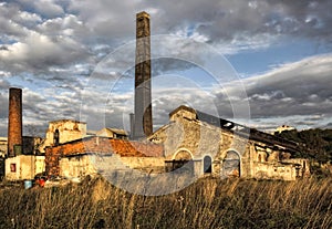 A ruined, abandoned factory building