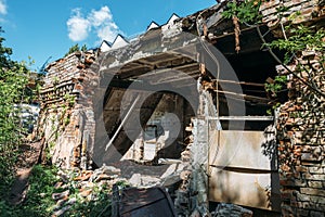 Ruined abandoned house building after disaster, war, earthquake