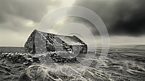 A ruined barn its dilapidated walls ly standing against the relentless force of the stormy winds