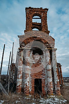 Ruined bell tower of abandoned church of St. Nicholas the Wonderworker in Upper Studenets, Lipetsk region, Russia