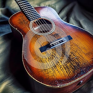 A ruined broken acoustic guitar abandoned on a stage