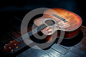 A ruined broken acoustic guitar abandoned on a stage