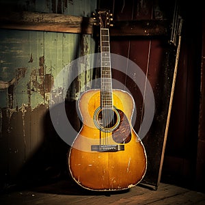 A ruined broken acoustic guitar abandoned on a stage