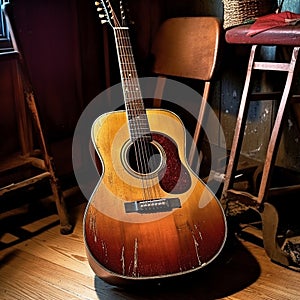 A ruined broken acoustic guitar abandoned on a stage