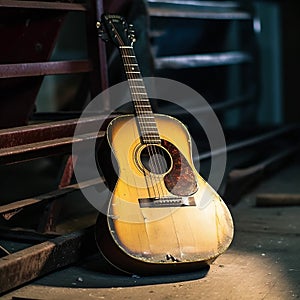 A ruined broken acoustic guitar abandoned on a stage