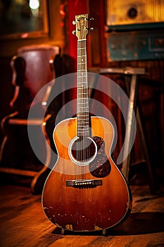 A ruined broken acoustic guitar abandoned on a stage