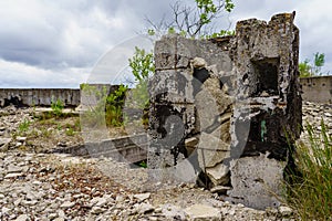 Ruined building post-apocalyptic background. Background with selective focus and copy space