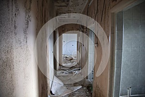 Ruined building, room with broken windows