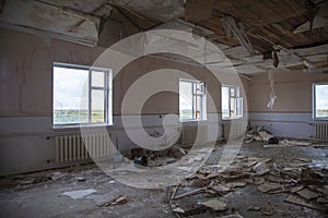 Ruined building, room with broken windows