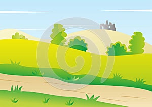 Ruined castle on hill, countrysice, fields and trees, vector picture, eps.