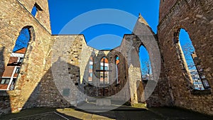 Ruined church facade against electric blue sky in city Hanover Germany