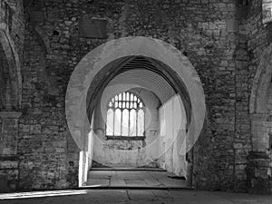 Ruined church interior,black and white