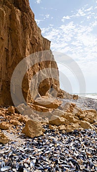 Ruined clay slope by the sea. Cracked clay cliff on the coast.